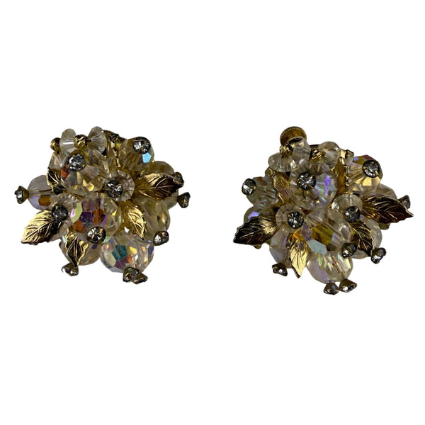 Vintage Vendome Gold Tone Aurora Borealis Crystal Brooch & Matching Clip-On Earrings Set