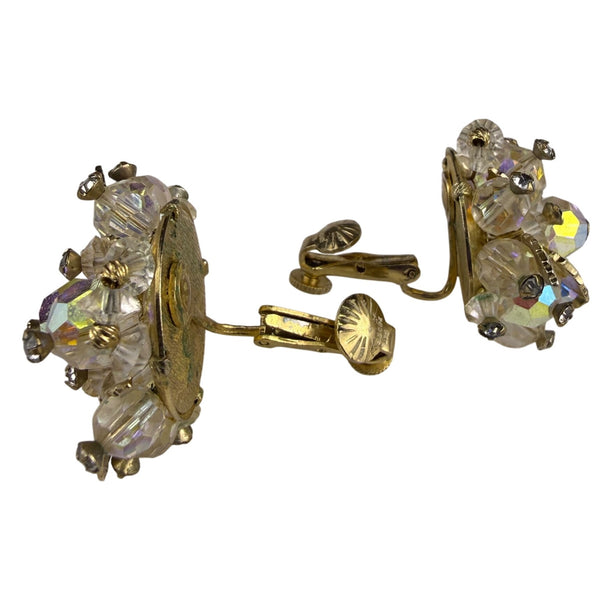 Vintage Vendome Gold Tone Aurora Borealis Crystal Brooch & Matching Clip-On Earrings Set