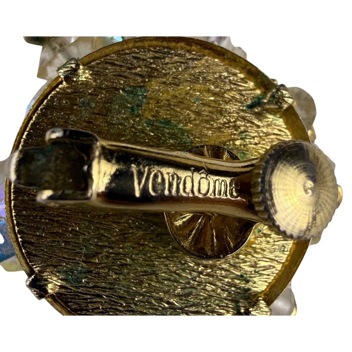 Vintage Vendome Gold Tone Aurora Borealis Crystal Brooch & Matching Clip-On Earrings Set