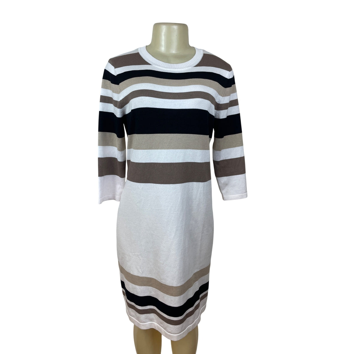 Allison Brittney Striped Knit Shift Dress Beige/Black/White l Crew Neck Size M