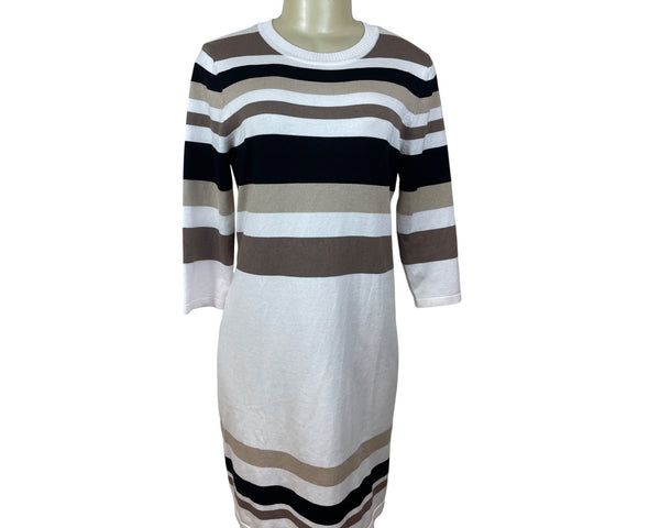 Allison Brittney Striped Knit Shift Dress Beige/Black/White l Crew Neck Size M