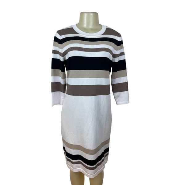 Allison Brittney Striped Knit Shift Dress Beige/Black/White l Crew Neck Size M