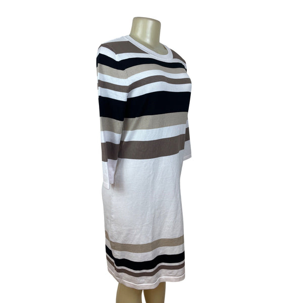 Allison Brittney Striped Knit Shift Dress Beige/Black/White l Crew Neck Size M