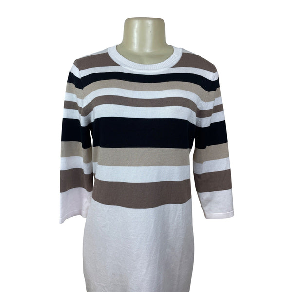 Allison Brittney Striped Knit Shift Dress Beige/Black/White l Crew Neck Size M