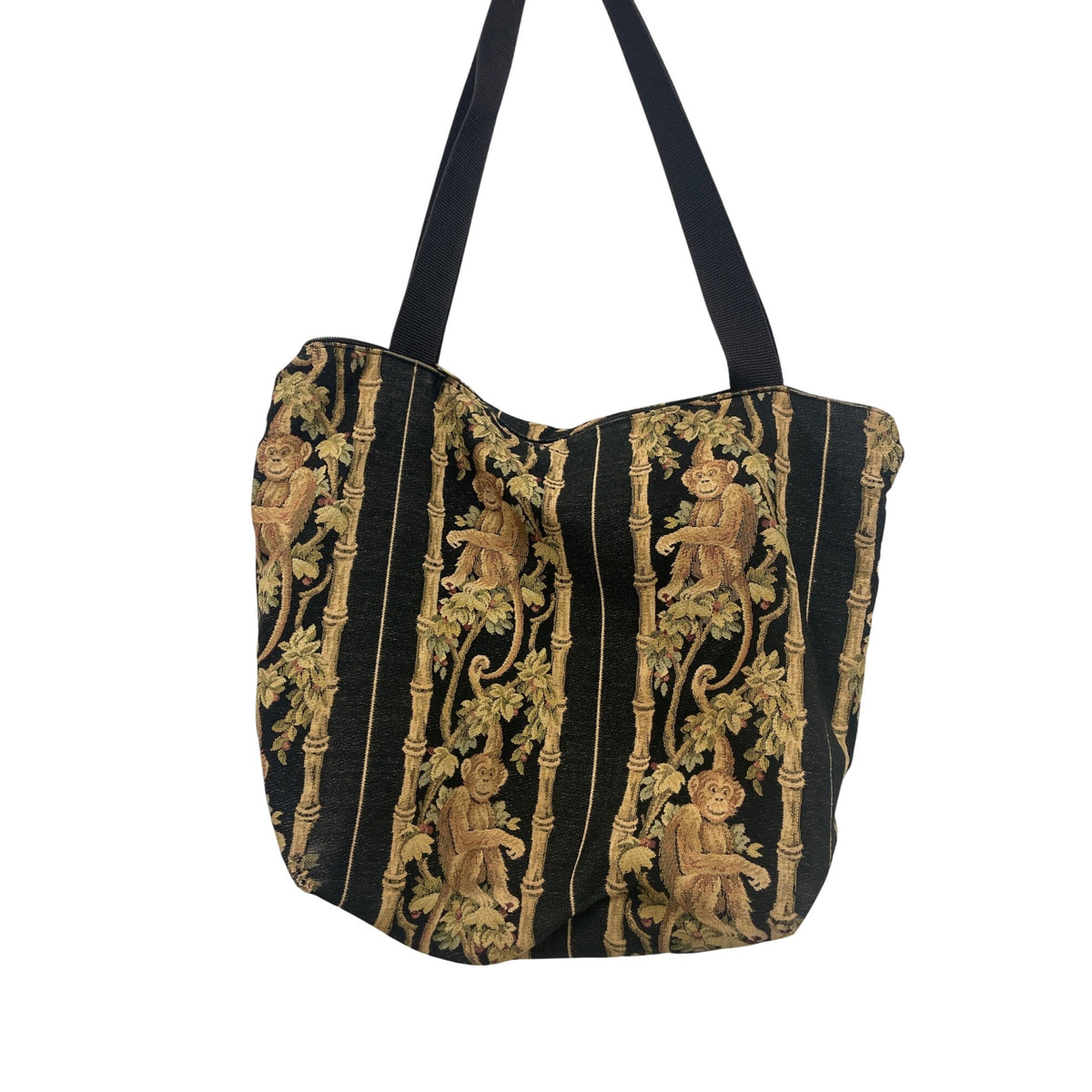 Tapestry Monkey Print Black & Brown Shoulder Bag Canvas Tote Carryall W/ Zipper
