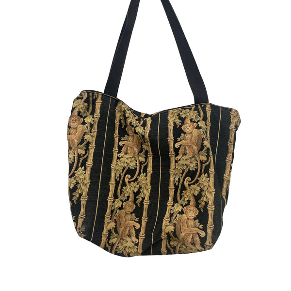 Tapestry Monkey Print Black & Brown Shoulder Bag Canvas Tote Carryall W/ Zipper
