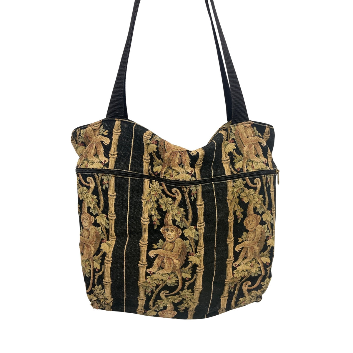 Tapestry Monkey Print Black & Brown Shoulder Bag Canvas Tote Carryall W/ Zipper