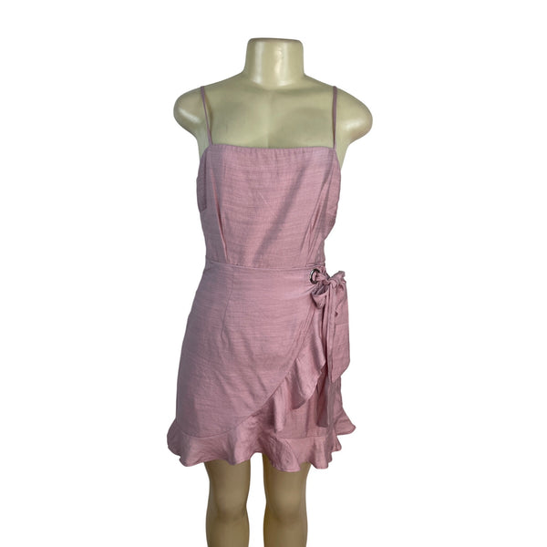 Angel Biba Pink Sleeveless Wrap Dress Ruffle Hem & Cross Back Straps Sz M - New