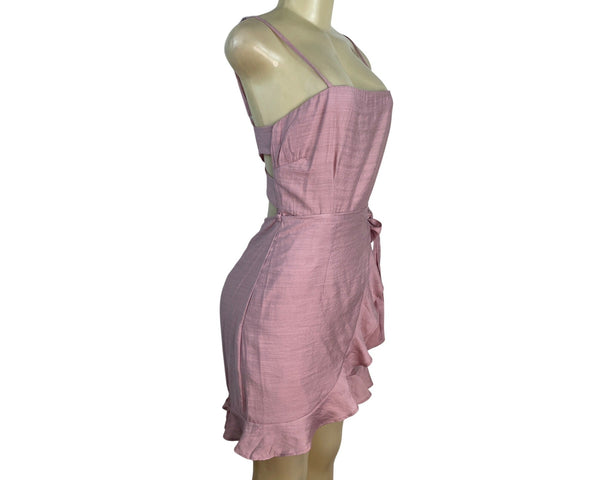 Angel Biba Pink Sleeveless Wrap Dress Ruffle Hem & Cross Back Straps Sz M - New