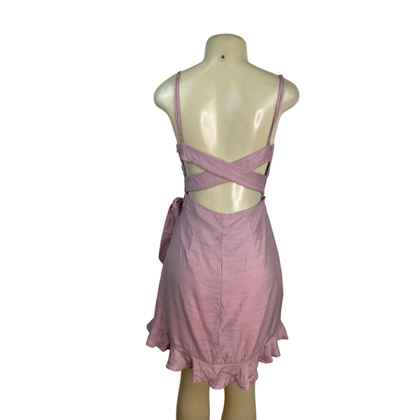 Angel Biba Pink Sleeveless Wrap Dress Ruffle Hem & Cross Back Straps Sz M - New