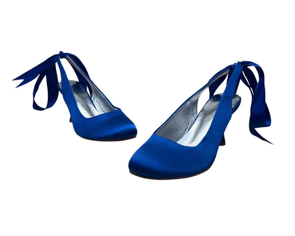 Women’s Blue Satin Ribbon-Tie Ballerina Heels With Silver Insole Heel Sz 9.5