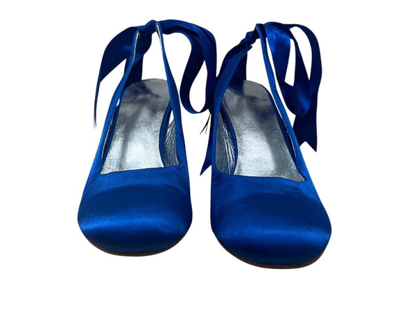 Women’s Blue Satin Ribbon-Tie Ballerina Heels With Silver Insole Heel Sz 9.5