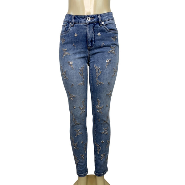 Tribal Jeans Embroidered Denim Skinny Jeans Floral Pattern Stretchy Size 4