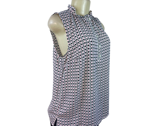 Talbots Women's Sleeveless Blouse With Ruffle Neck & Geometric Pattern Sz M