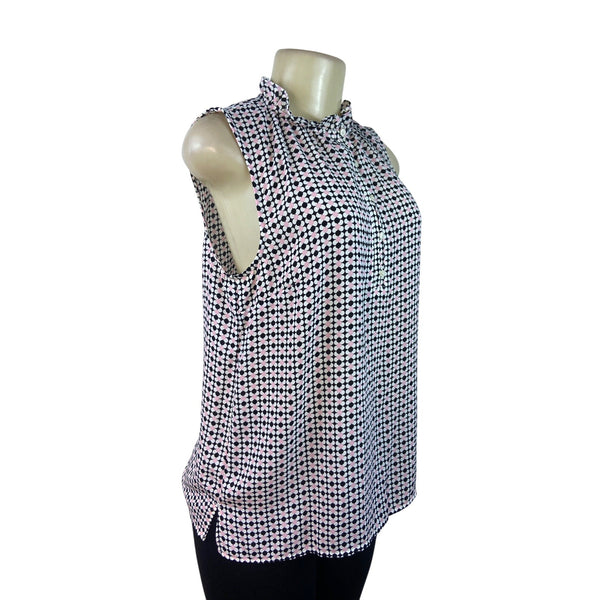 Talbots Women's Sleeveless Blouse With Ruffle Neck & Geometric Pattern Sz M