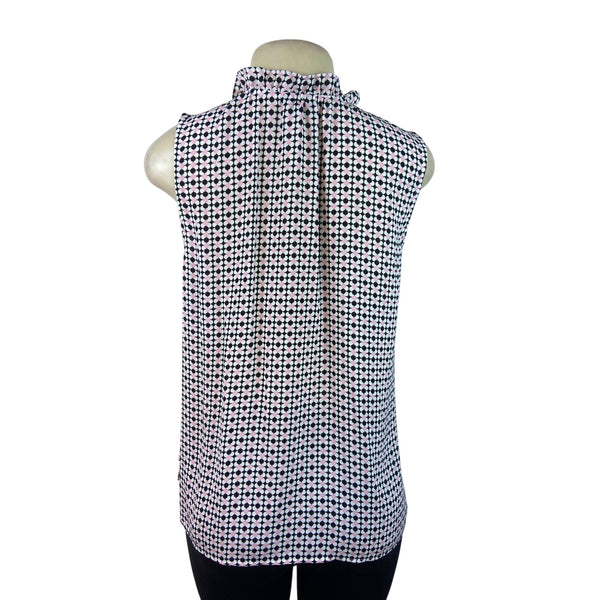 Talbots Women's Sleeveless Blouse With Ruffle Neck & Geometric Pattern Sz M