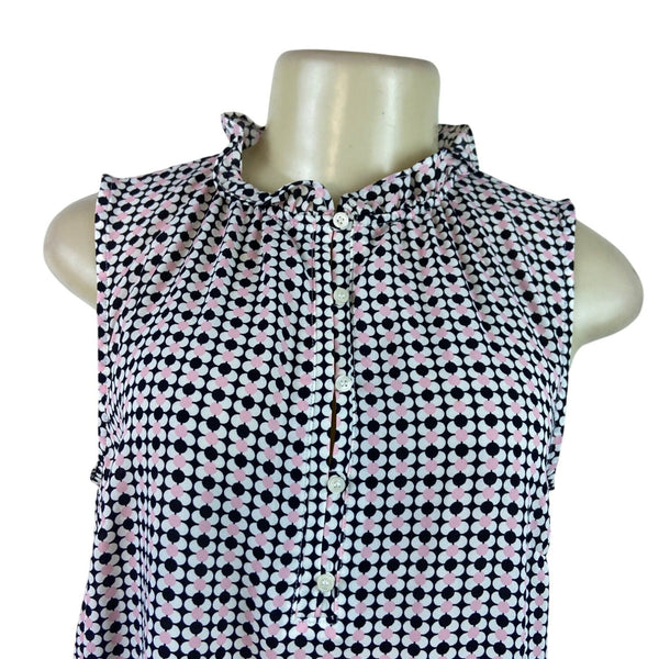 Talbots Women's Sleeveless Blouse With Ruffle Neck & Geometric Pattern Sz M
