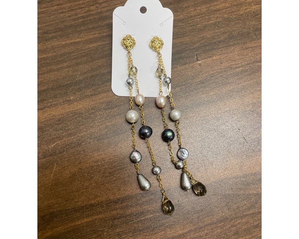 Handcrafted Gold Tone Pearl & Gemstone Dangle Earrings