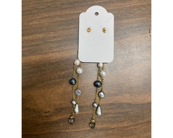 Handcrafted Gold Tone Pearl & Gemstone Dangle Earrings