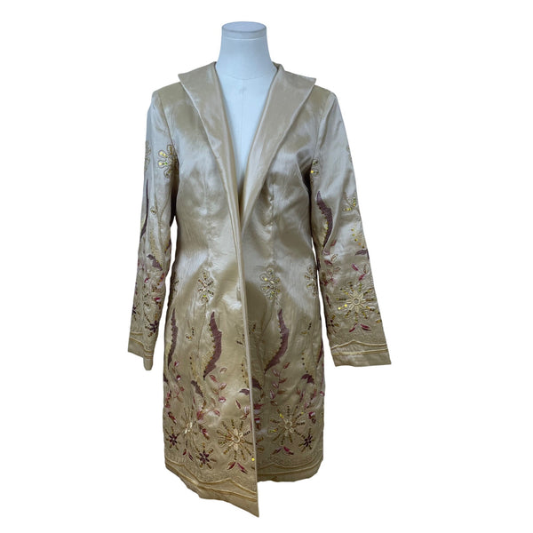Grace Chuang Womens Gold Embroidered Jacket Open Front Floral