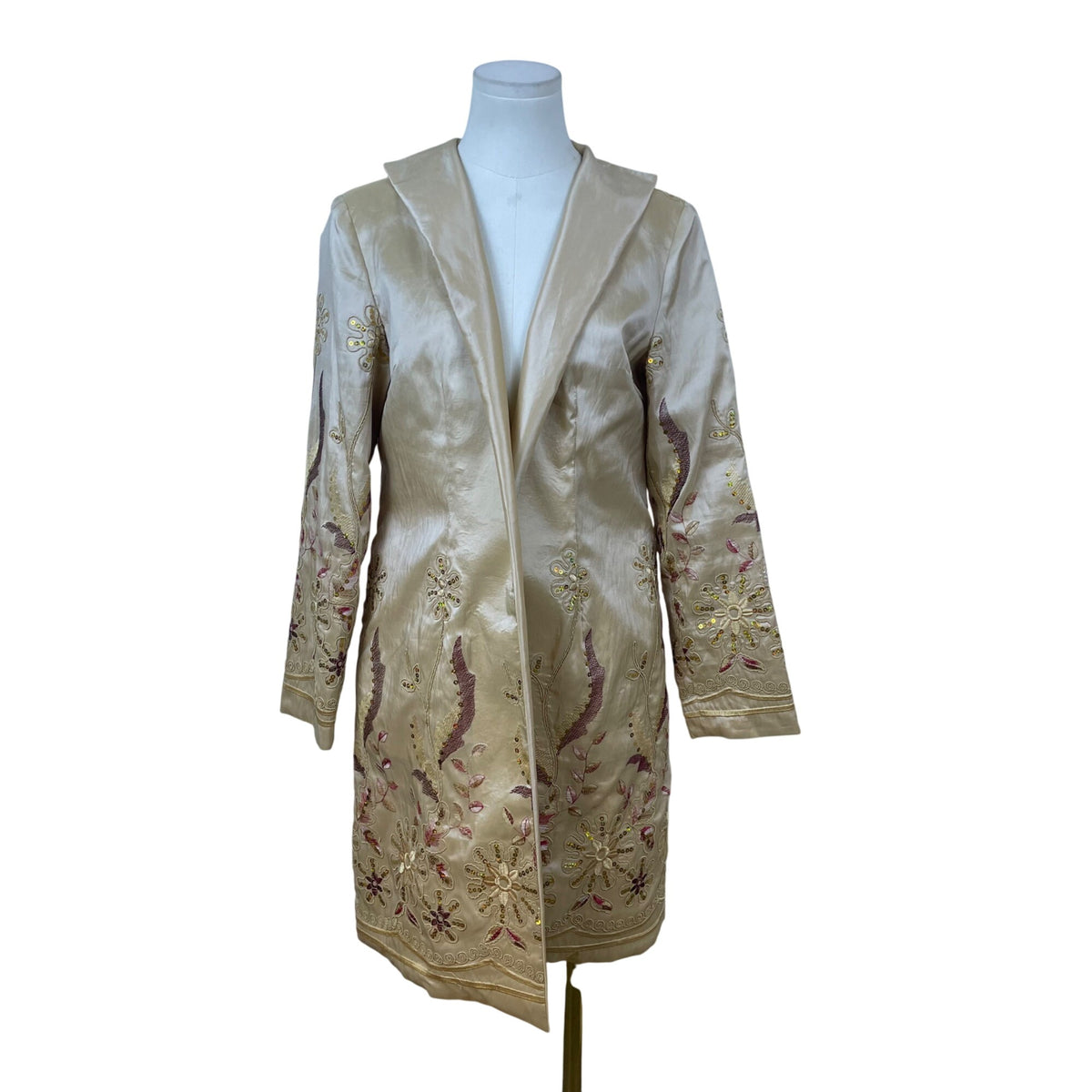 Grace Chuang Womens Gold Embroidered Jacket Open Front Floral