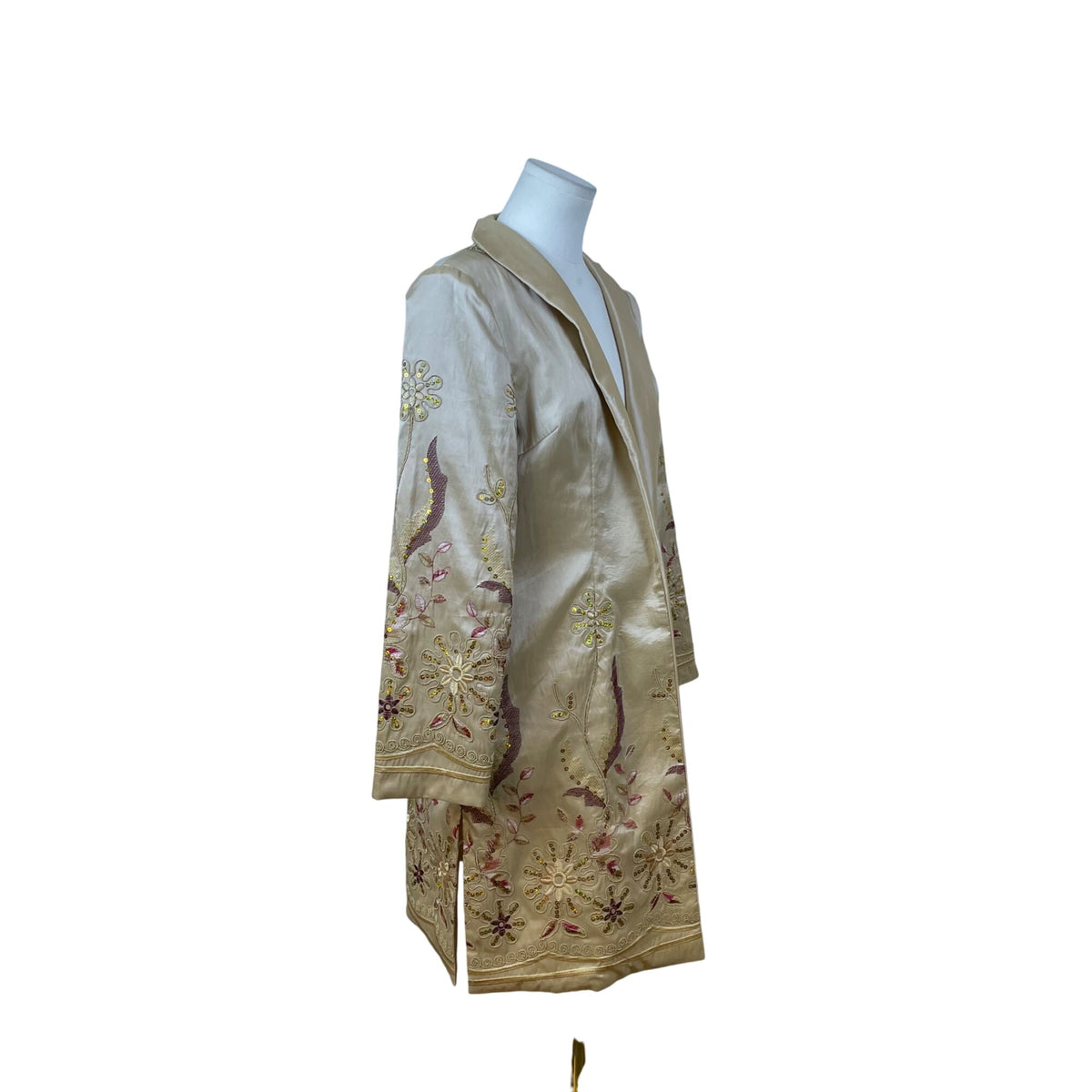 Grace Chuang Womens Gold Embroidered Jacket Open Front Floral
