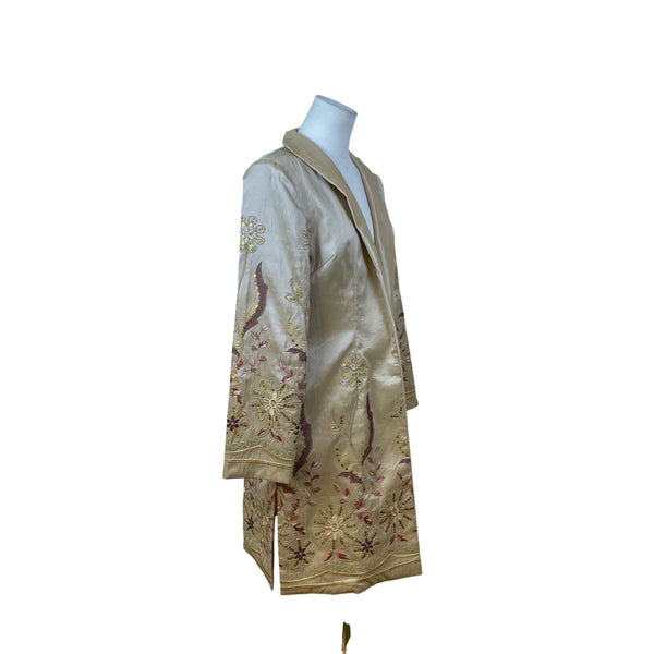 Grace Chuang Womens Gold Embroidered Jacket Open Front Floral