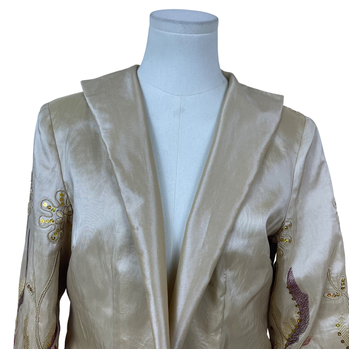 Grace Chuang Womens Gold Embroidered Jacket Open Front Floral