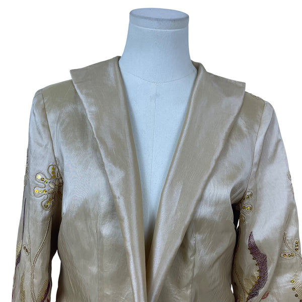 Grace Chuang Womens Gold Embroidered Jacket Open Front Floral