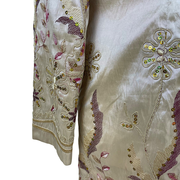 Grace Chuang Womens Gold Embroidered Jacket Open Front Floral