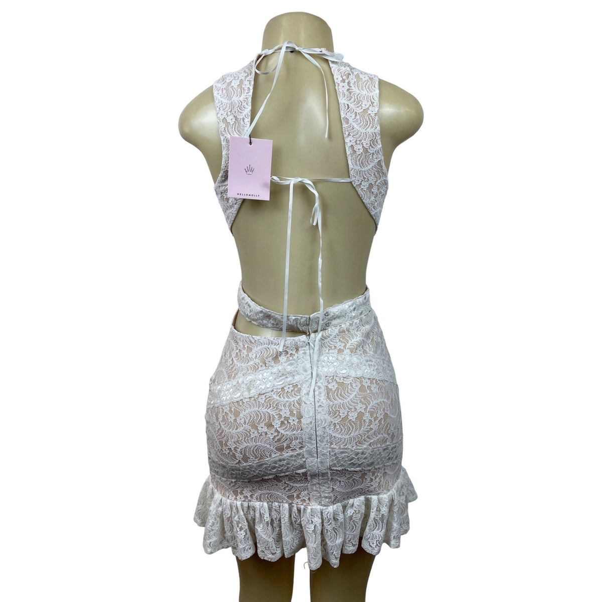 Hello Molly White Lace Mini Dress With Open Back & Tie Detail Size M - New