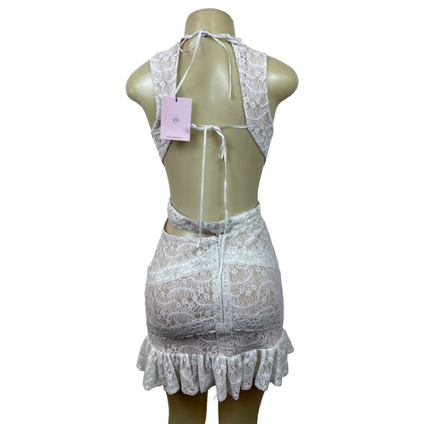 Hello Molly White Lace Mini Dress With Open Back & Tie Detail Size M - New