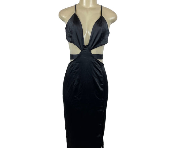 4th & Reckless Women's Black Satin Cutout Midi Dress Sz M