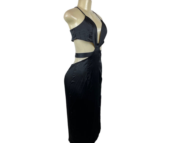 4th & Reckless Women's Black Satin Cutout Midi Dress Sz M