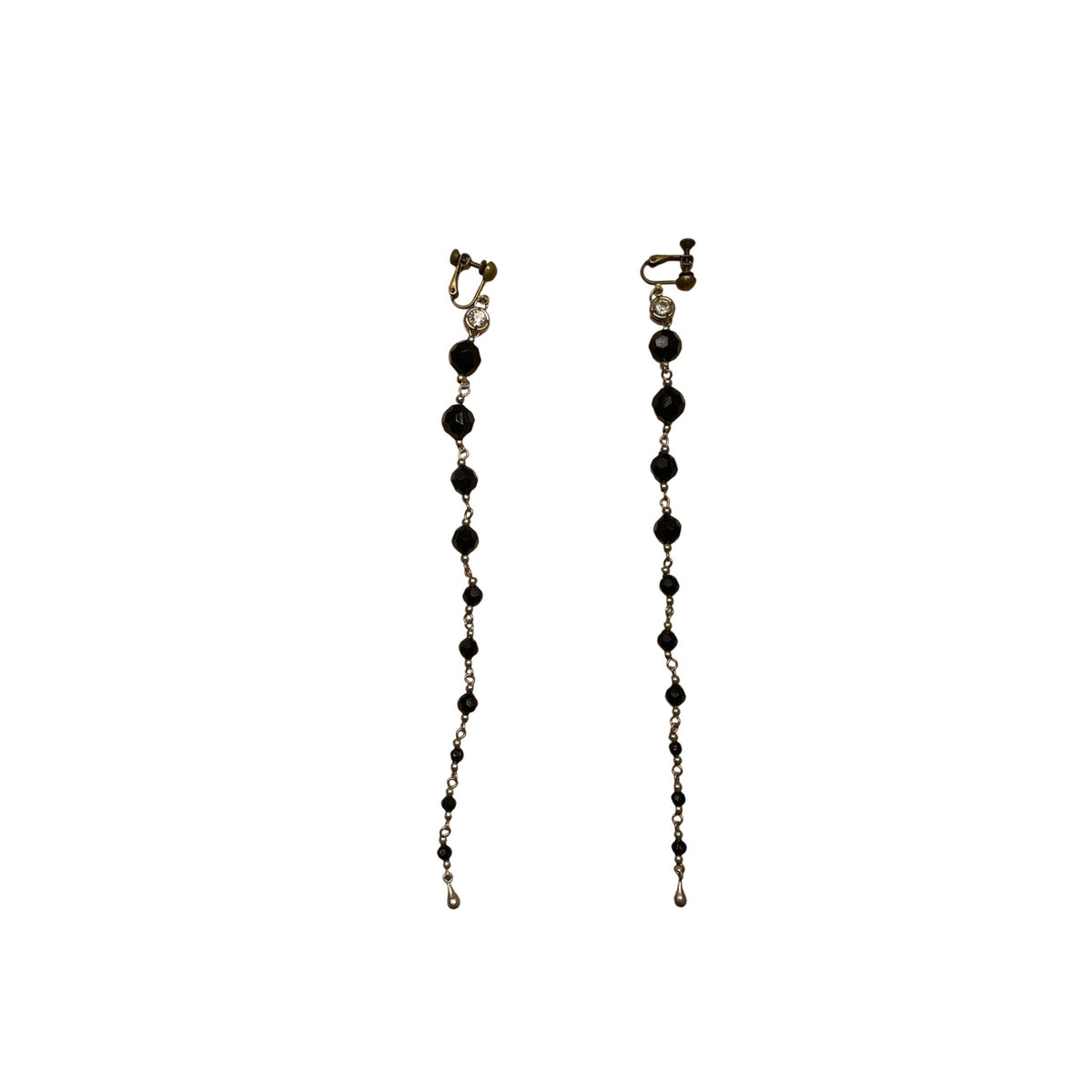 Vintage Screw-Back Dangle Earrings With Black Beads & Rhinestones Gold-Tone Metal Elegant Design