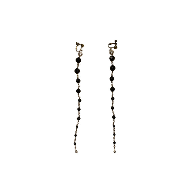 Vintage Screw-Back Dangle Earrings With Black Beads & Rhinestones Gold-Tone Metal Elegant Design