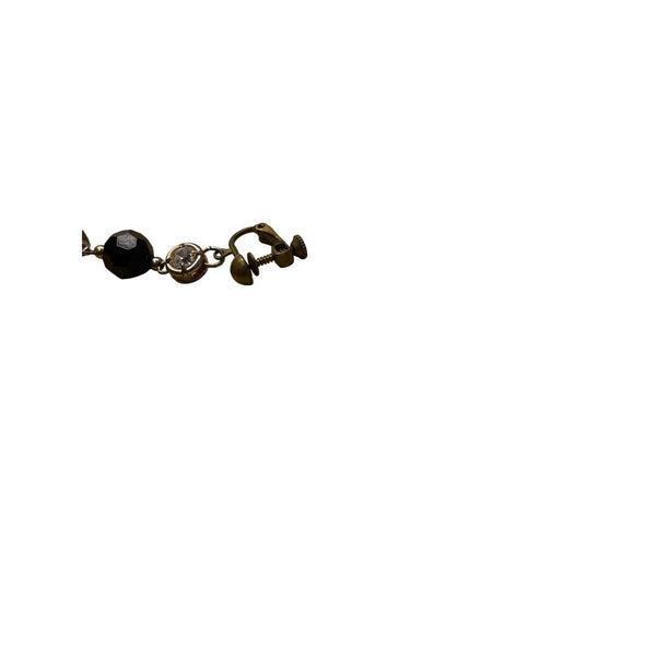 Vintage Screw-Back Dangle Earrings With Black Beads & Rhinestones Gold-Tone Metal Elegant Design
