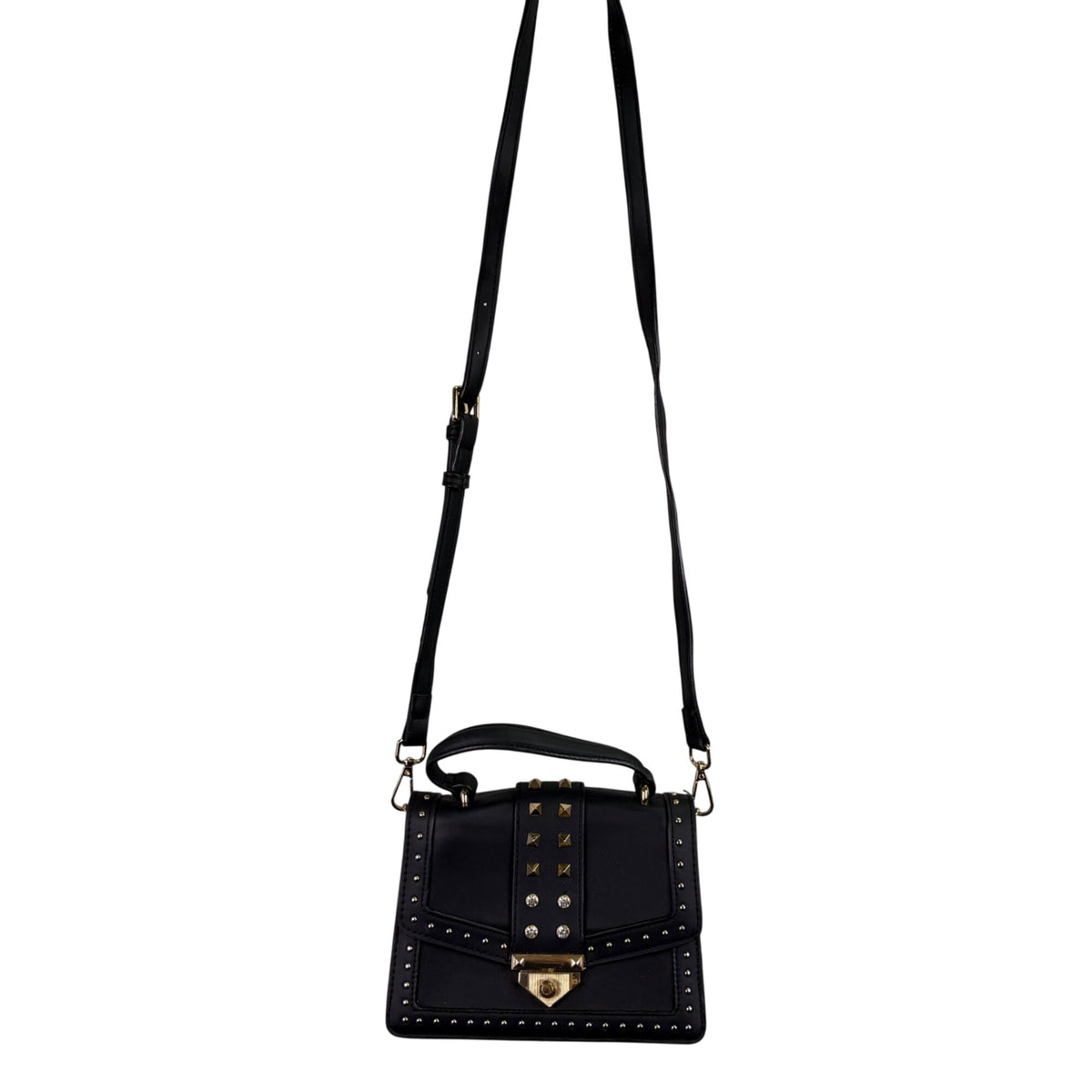 Black Faux Leather Womens Studded Shoulder Bag With Gold Hardware & Adjustable Strap