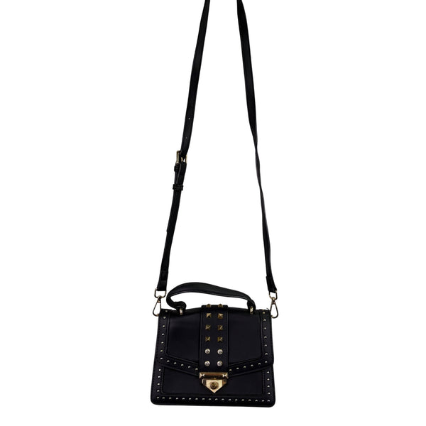 Black Faux Leather Womens Studded Shoulder Bag With Gold Hardware & Adjustable Strap