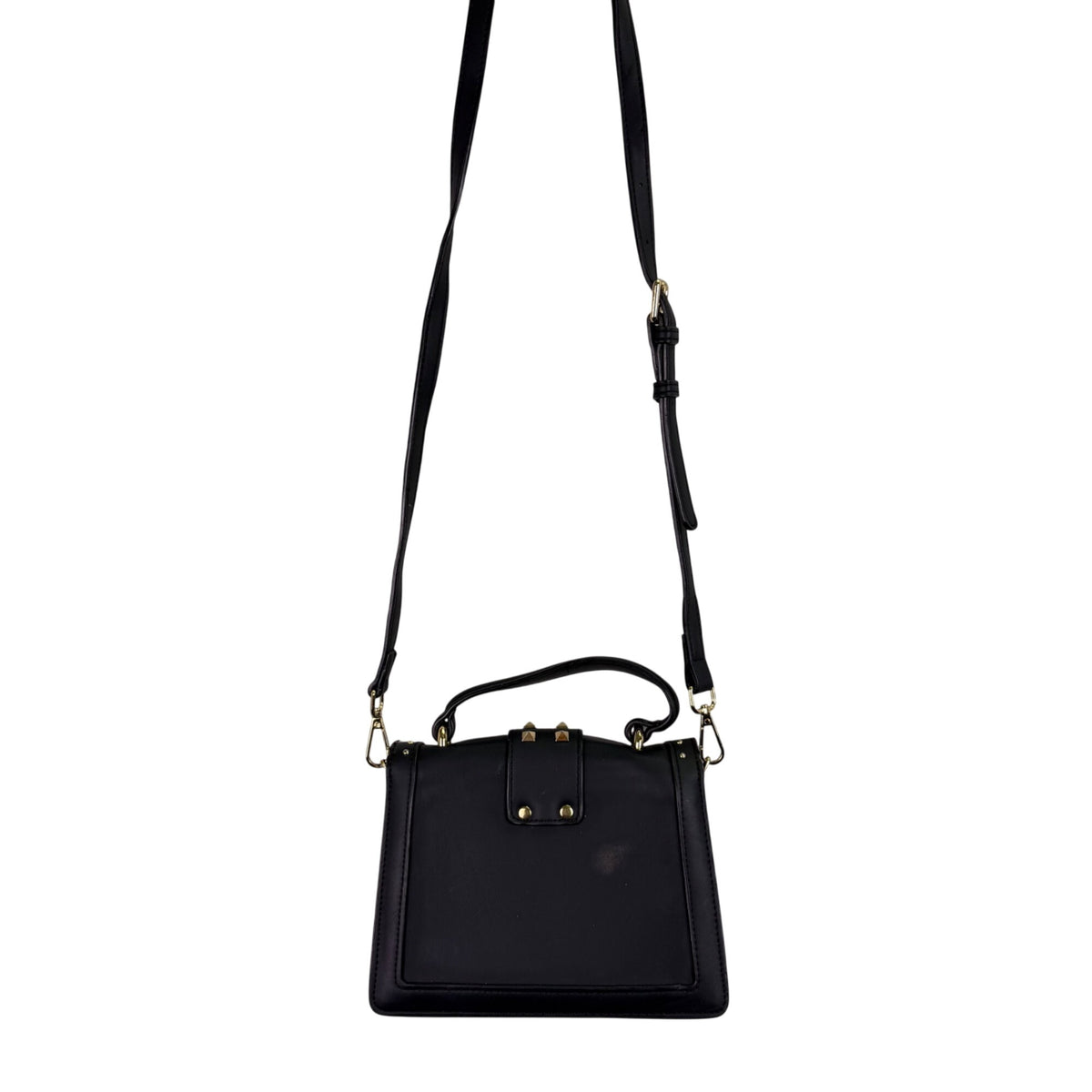 Black Faux Leather Womens Studded Shoulder Bag With Gold Hardware & Adjustable Strap