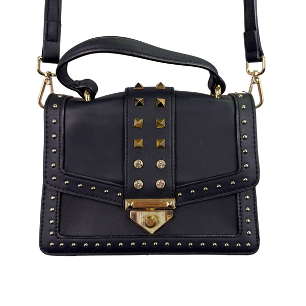 Black Faux Leather Womens Studded Shoulder Bag With Gold Hardware & Adjustable Strap