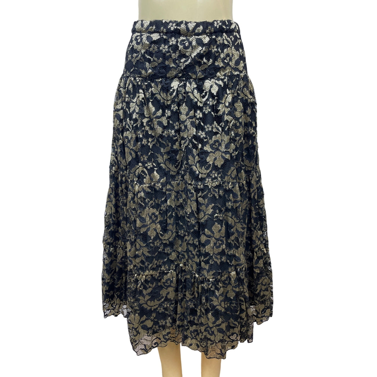 Elegant Black & Gold Floral Lace Midi Skirt For Women Size M/L
