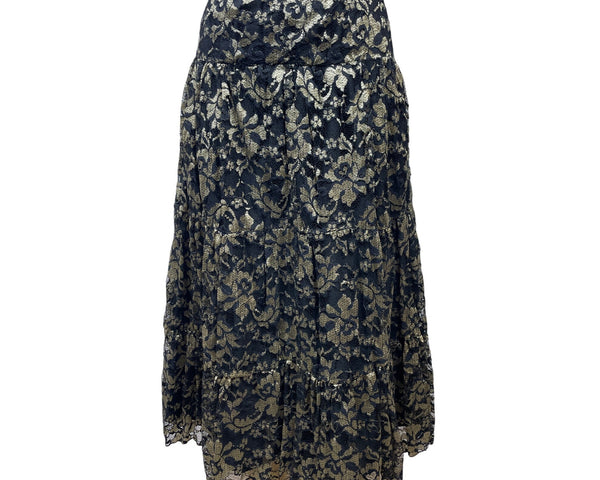 Elegant Black & Gold Floral Lace Midi Skirt For Women Size M/L