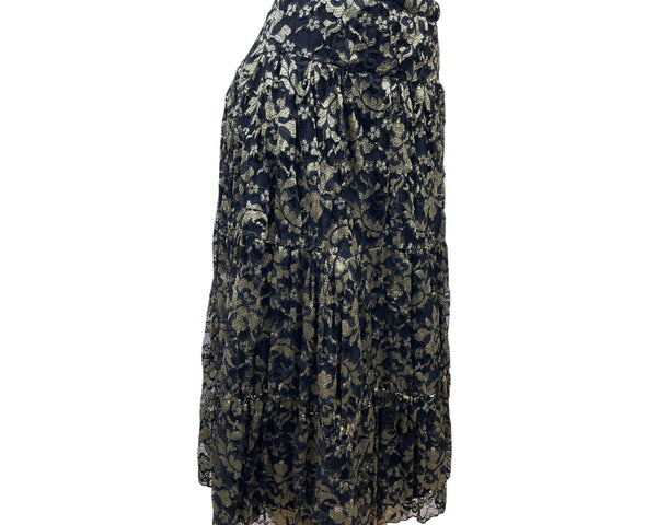 Elegant Black & Gold Floral Lace Midi Skirt For Women Size M/L