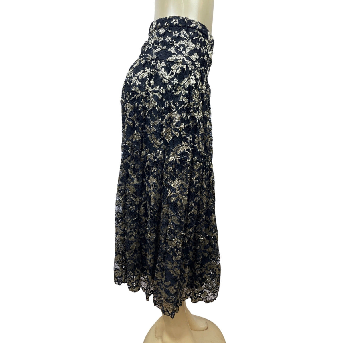 Elegant Black & Gold Floral Lace Midi Skirt For Women Size M/L
