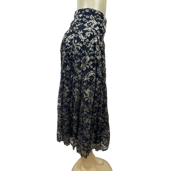 Elegant Black & Gold Floral Lace Midi Skirt For Women Size M/L