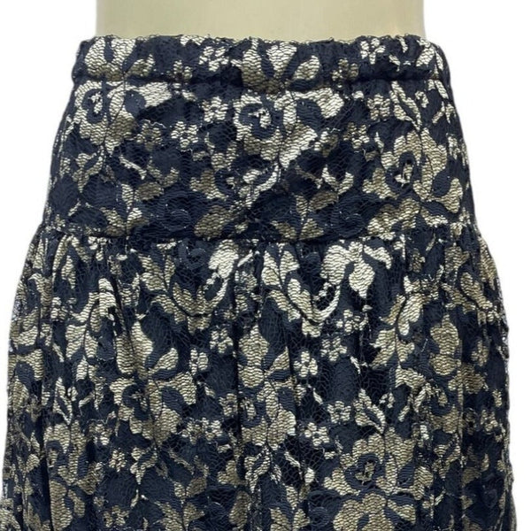 Elegant Black & Gold Floral Lace Midi Skirt For Women Size M/L