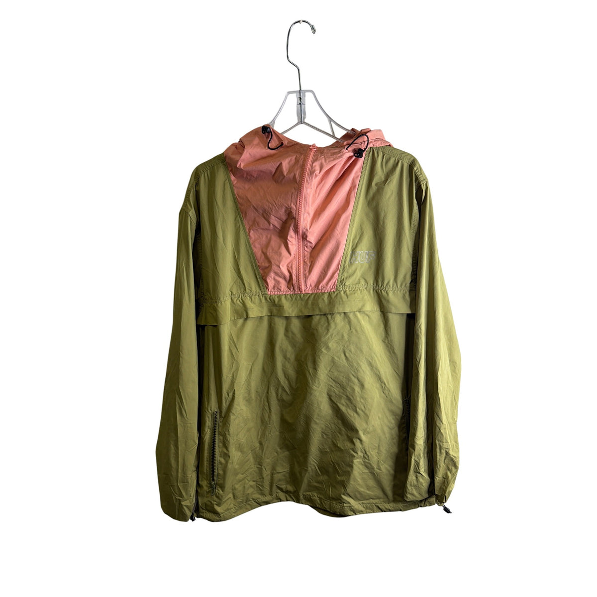 HUF Mens Green & Pink Hooded Lightweight Windbreaker Jacket Size XL Durable Nylon