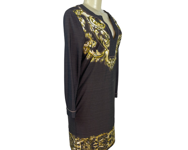 BCBG MAXAZRIA Womens Gold Baroque Print Long-Sleeve Tunic Dress Size M