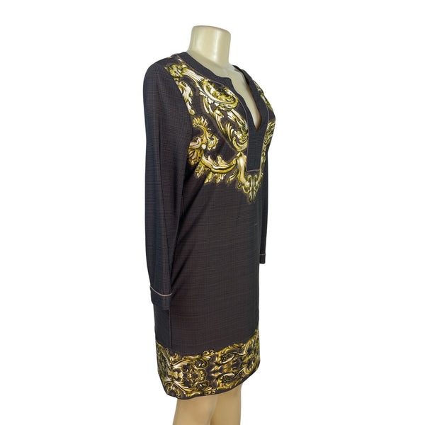 BCBG MAXAZRIA Womens Gold Baroque Print Long-Sleeve Tunic Dress Size M